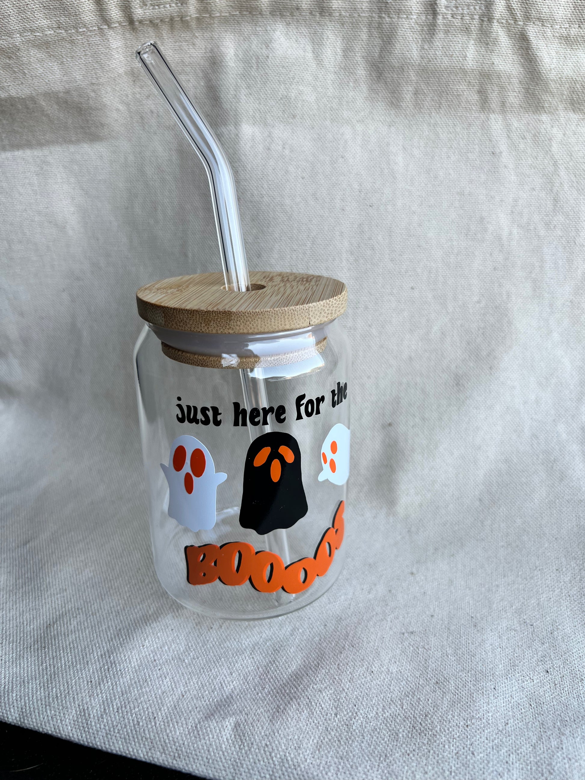 12 oz glass can with bamboo lid and glass straw